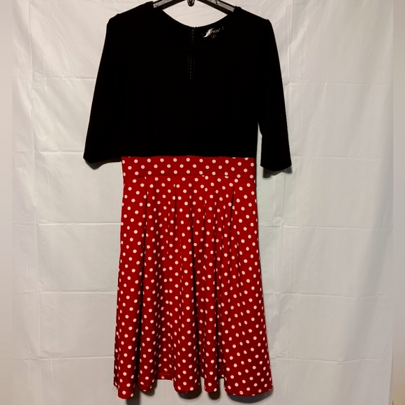 Yathon Adorable EUC Midi Dress, Black & Red with White Polka Dots, Size Large - Picture 2 of 11